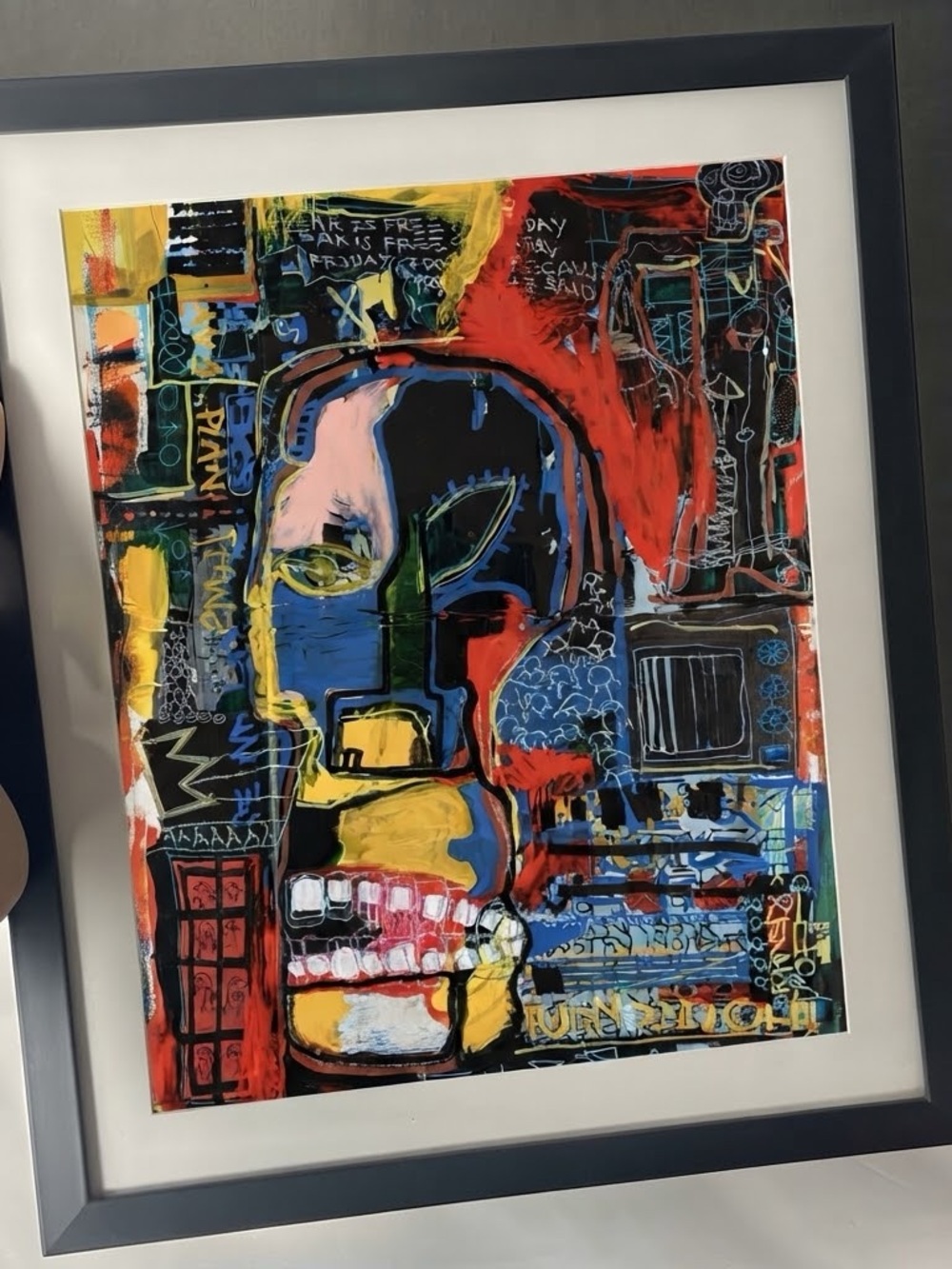 Basquiat-Style Abstract Expressionist Print – Framed Neo-Expressionist Face Art